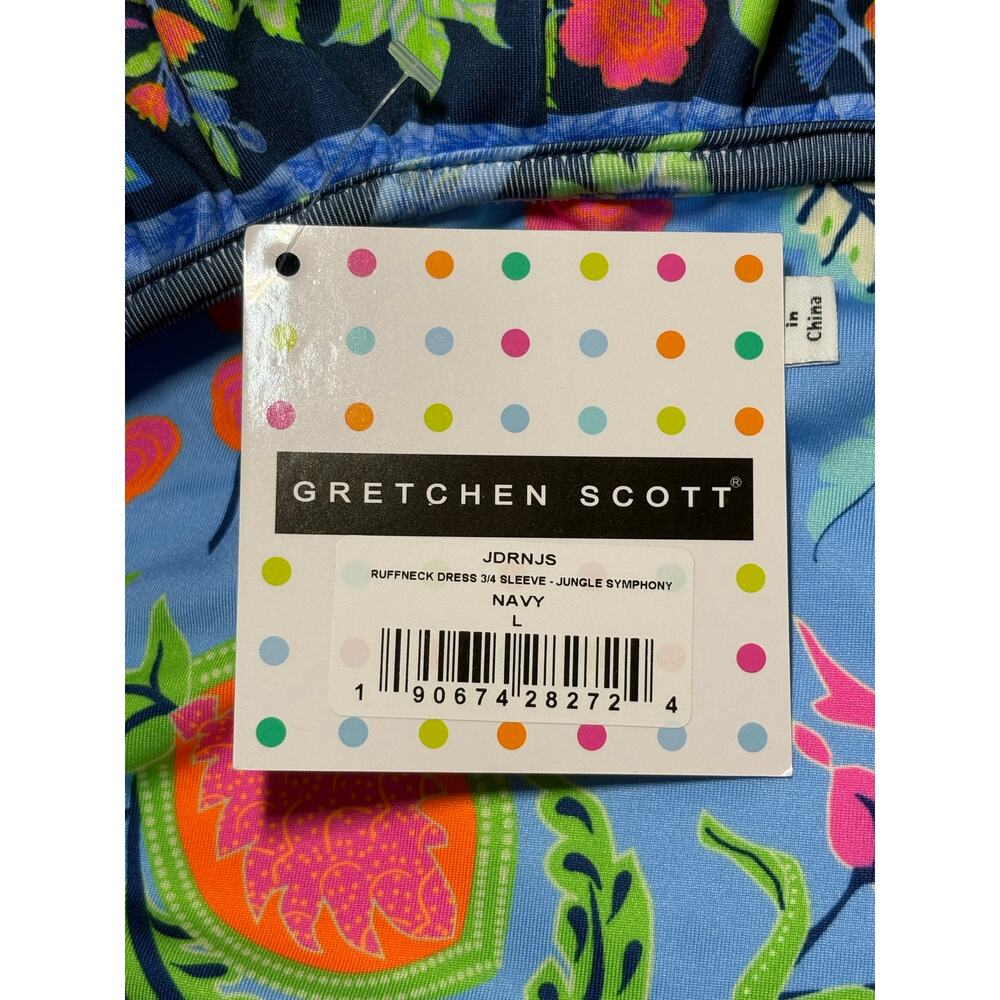 NWT Gretchen Scott Ruffleneck 3/4 Sleeve Dress Women's Large Giraffe Print Blue - Picture 9 of 10
